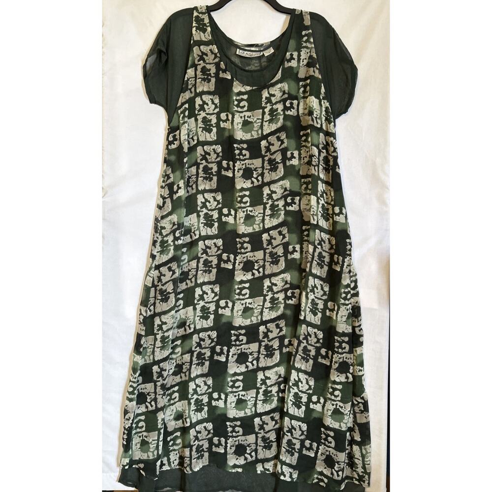Vintage Klozlyne Dress Womens Medium Green Sheer Chiffon 90s Layered Maxi Beach